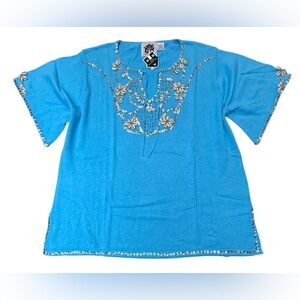 NEW Vintage Storybook Knits “Bermuda Paradise” Aqua Blue Beads Shells 3X Sweater